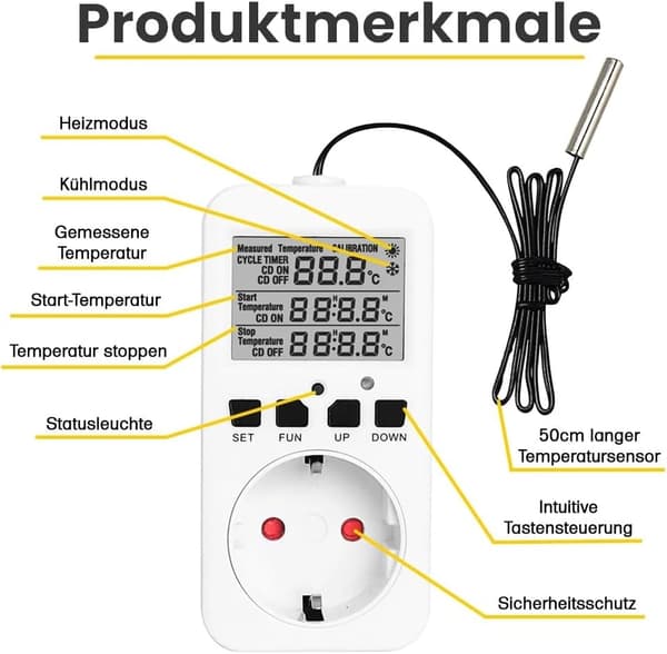 Temperaturregulator for plugg med digital indikator og ekstern sensor