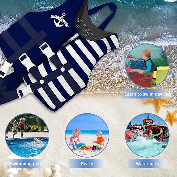 Toddler , flytväst för småbarn, barnväst flytande baddräkt badkläder med justerbar säkerhetsrem för unisex barn, ränder Stripes Deep Blue Small