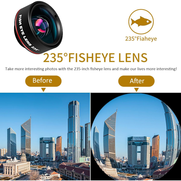 3-i-1 Telefonlinskit, 235° Fisheye-lins, 25X Makrolins, 0.62X Vidvinkelins för Smartphone