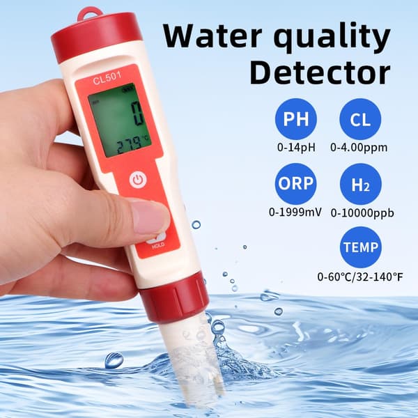 5-i-1 Digital Vannkvalitetstester, TDS/pH/H2/Temp/ORP/Cl Tester, 0,01 Nøyaktighet