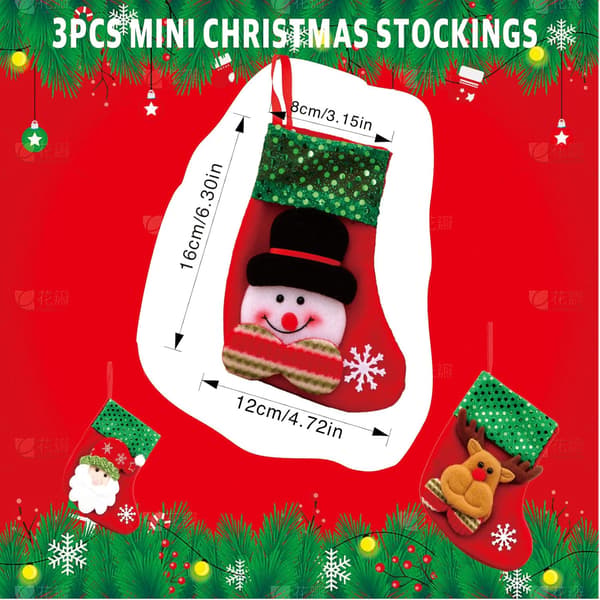 Julstrumpa 3-pack, 3D gröna paljetter Jultomten, Snögubbe, Älg