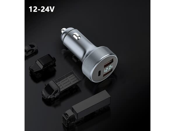 USB Billaddare USB C Med LED Voltmeter Snabbladdning Grå