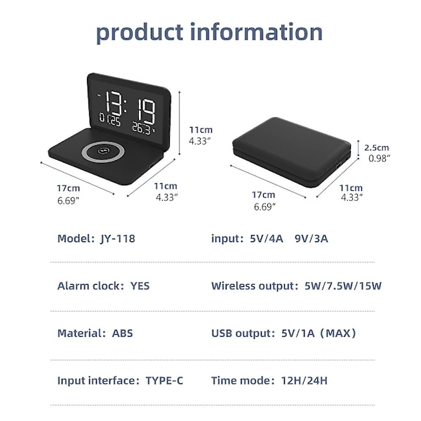 Elektronisk vækkeur Telefon 5w/7.5w/15w Trådløs opladning Ur Spejl Ur White