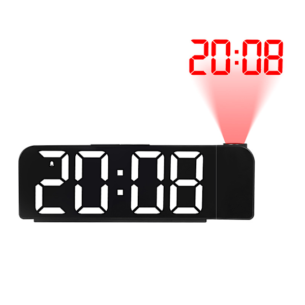 Digital väckarklocka, HD röd projektion och 180° rotation, datum- och temperaturvisning (svart och vit)