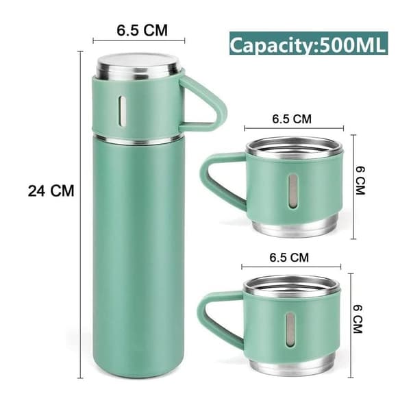 Termoflaske, 500 ml isoleret/kold drikkebeholder med 2 kopper i rustfrit stål (sort) Black 500ML