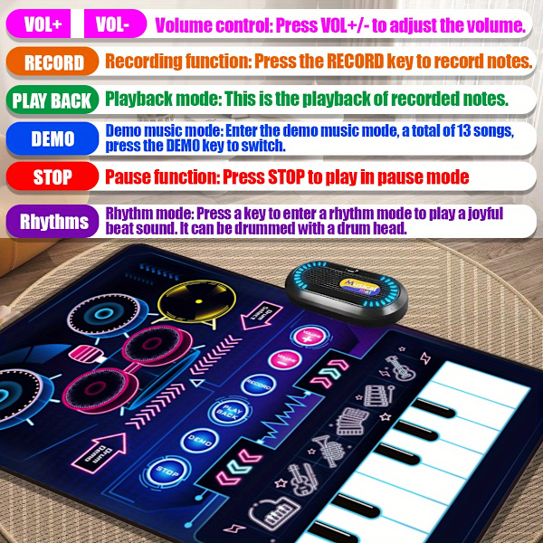 Musikalsk Matte Baby Leker, 2 i 1 Keyboard & Trommematte med 2 Pinner Pedagogiske Musikkleker