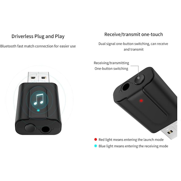 Bluetooth USB-mottaker Bluetooth 5.0-adapter 2-i-1, Aux-In 3,5 mm Jack