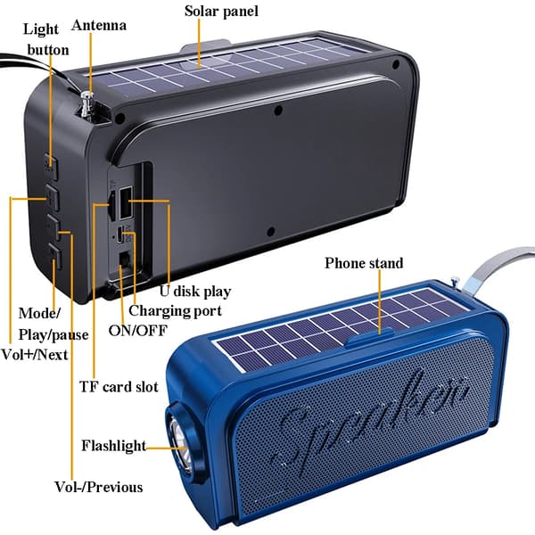 Bluetooth-aurinkohätä-FM-radiot, taskulampulla (sininen)