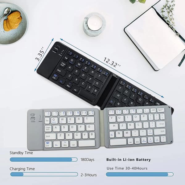 Sammenleggbart tastatur BT18, dobbeltfold for Windows Android iOS (sølv)