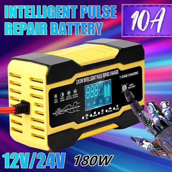 Batterilader - 12V/24V Helautomatisk Multifunksjonell Lader Med LCD Touch Skjerm (Gul)