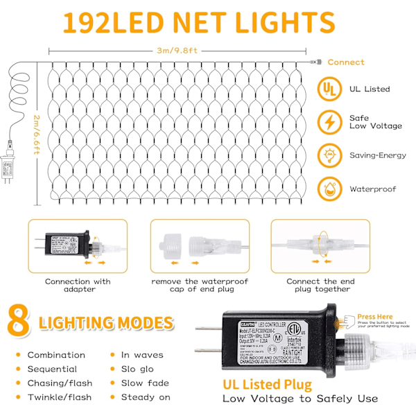 192 LED Net Lys Udendørs Net Lys, 8 Tilstande Net Lys til Buske Stik i, Vandtætte Jule Net Lys til Buske Loft Bryllup