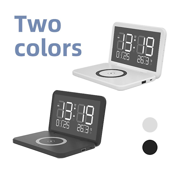 Elektronisk vækkeur Telefon 5w/7.5w/15w Trådløs opladning Ur Spejl Ur White