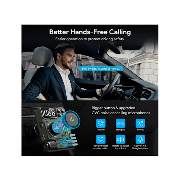 Bluetooth 5.3 FM-sändare för bil, Bluetooth-biladapter för handsfree-samtal, stöder snabbladdning,