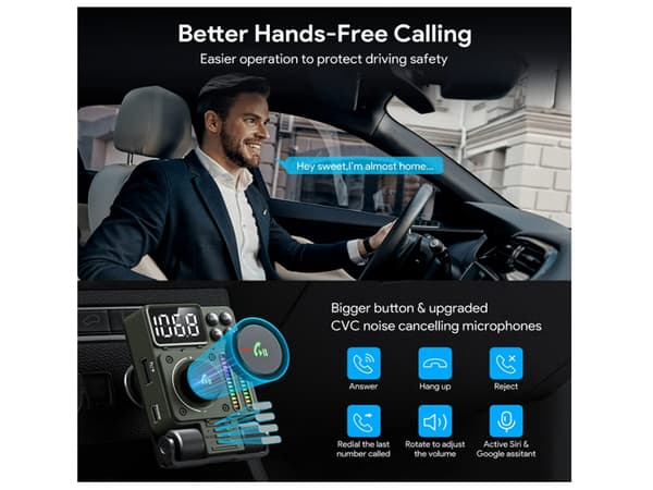 Bluetooth 5.3 FM-sender for bil, Bluetooth biladapter for håndfri ringing, støtter hurtiglading,