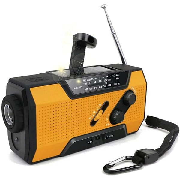 Nødradio med solcellepanel, 2000mAh, håndsveiv, FM-radio og LED-lys (oransje)