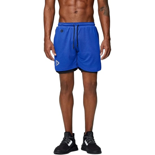 2 i 1 løpeshorts med telefonlomme treningsøkt Hurtigtørrende herreshorts 5 tommer Blue Large