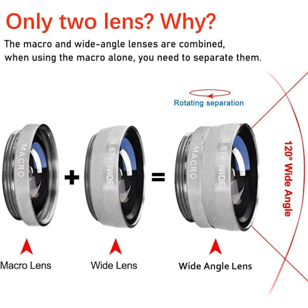 3-in-1-puhelinkameran linssisarja: Laajakulma, makro ja fisheye -linssit älypuhelimille, iPhone ja Android, hopea
