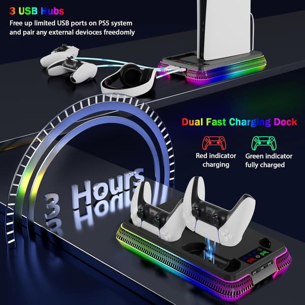 Køleventilator - Stand og oplader med RGB 3 USB-porte til PS5/Slim/Pro (Sort)