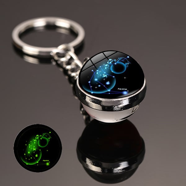 Ny 12 Constellation nøglering Stjernehimmel lysende nøglering Time Stone Glas Kugle nøglering tilbehør Vedhæng nøglering gaver Aquarius