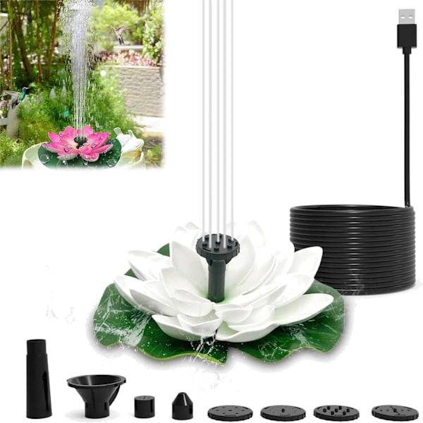 Hvit Lotus Solcellefontene, USB-drevet Fuglebad Dam Pumpe