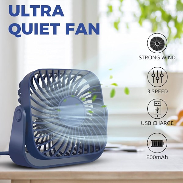Bordventilator - 3 Hastigheder Bord Desktop Køleventilator 360° Rotationsjustering (Blå)