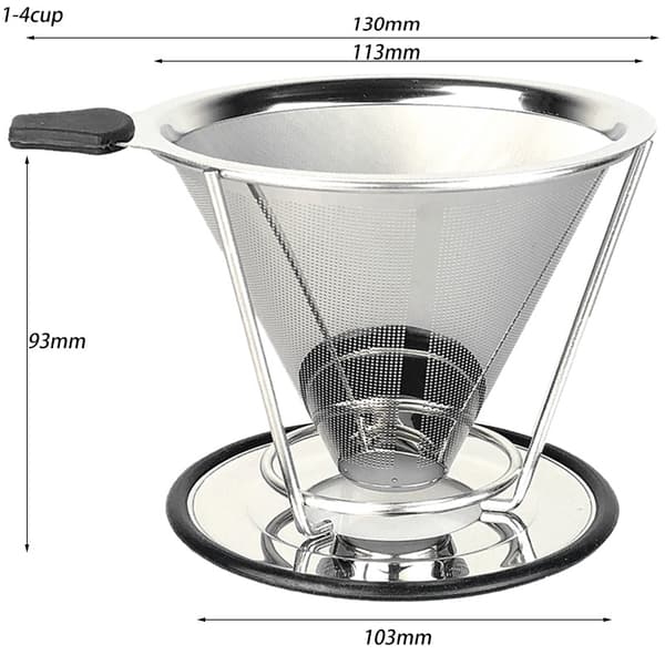 Kaffefilter Återanvändbart Rostfritt Stål 1-4 Portioner Med Stativ (2Cm Botten) (600 Mesh)