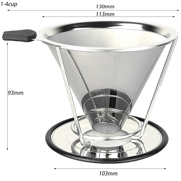 Kaffefilter Gjenbrukbart Rustfritt Stål 1-4 Porsjoner Med Stativ (2Cm Bunn) (600 Mesh)