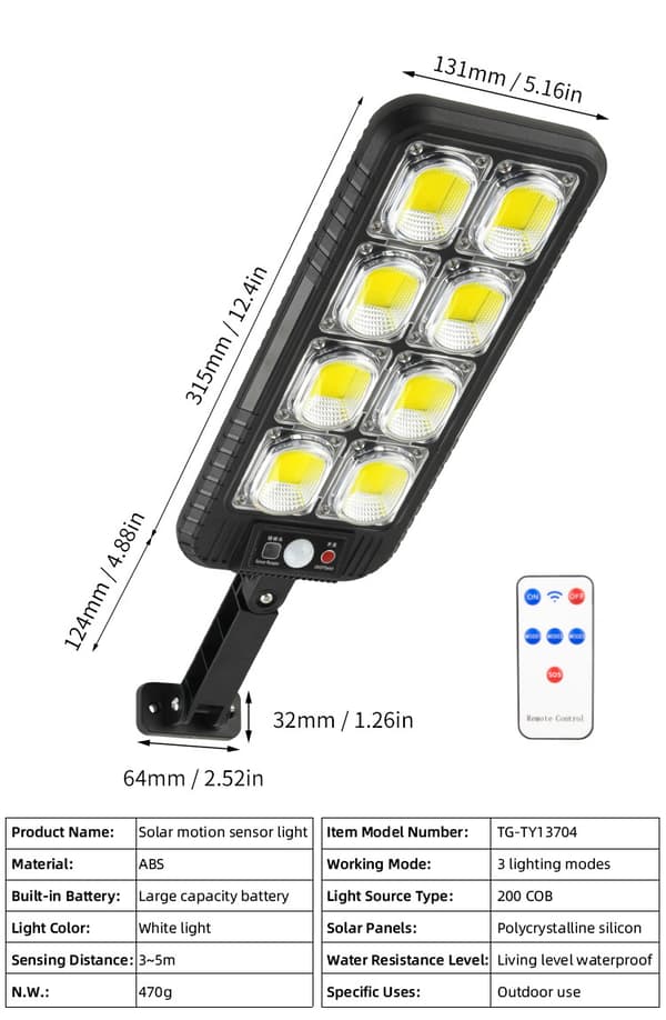 Utendørs Solar Flomlys Lampe 200 COB med Bevegelsessensor, IP65 Vanntett 3 Moduser 200 COB