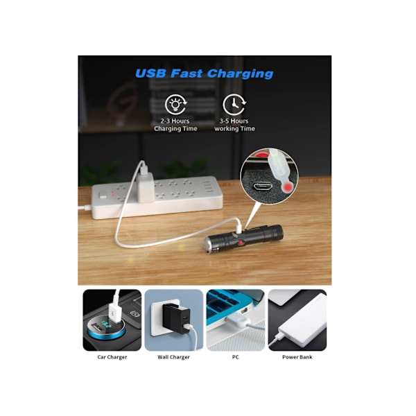 Magnetisk LED-ficklampa, 4 lägen, Superljus, Vattentät, Zoombar, Clip-On, Idealisk för vandring - .