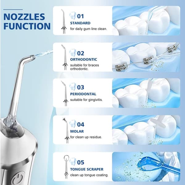 Munnskyller - 300 ml, 3 moduser 5 utskiftbare dyser, USB oppladbar (hvit)