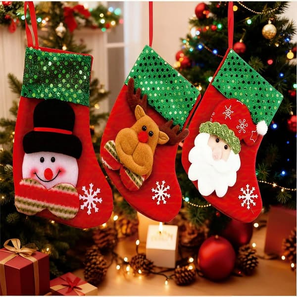 Julstrumpa 3-pack, 3D gröna paljetter Jultomten, Snögubbe, Älg