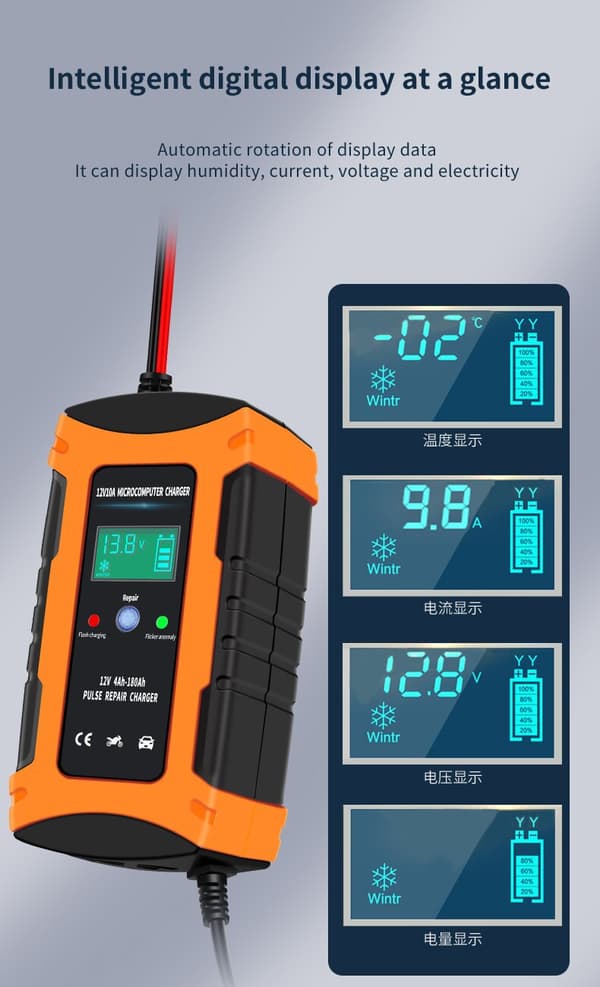 12V 10A Bilbatteriladdare Digital Display Intelligent Pulsladdare
