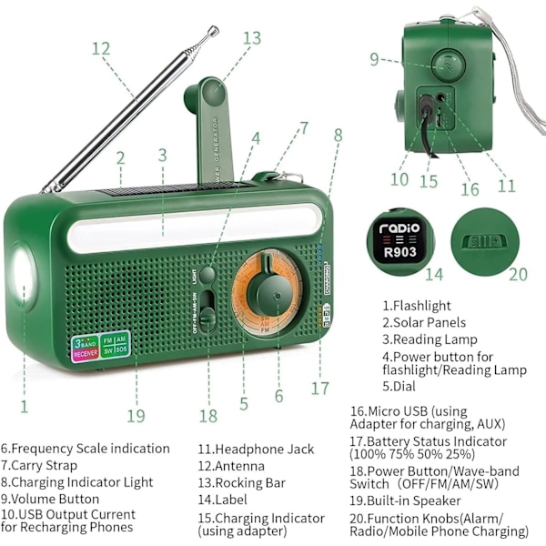 Solradio 2000Mah, Noaa/Am/Fm-radio med LED-ficklampa, automatisk varning för orkaner (mörkgrön)