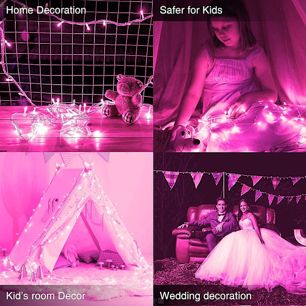 33 fot 100 LED-strenglys, 8 moduser klar tråd julelys innendørs, plug-in julelys for utendørs vanntett, rosa