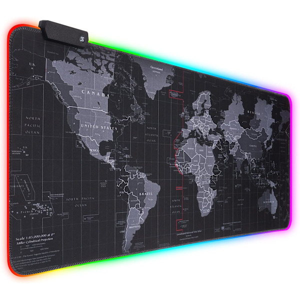 RGB Gaming Mousepad, Ekstra Stor Gaming Mouse Mat Til Gamere, Vandafvisende Kontor Desktop Mat Med 14 Lystilstande 800*300*4Mm World Map