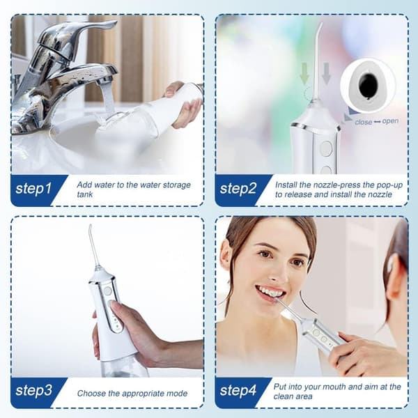 Munnskyller - 300 ml, 3 moduser 5 utskiftbare dyser, USB oppladbar (hvit)