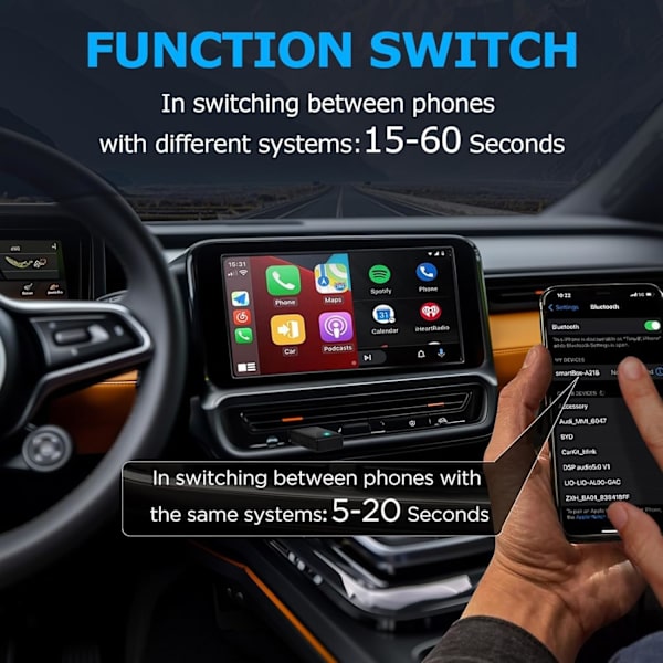 Trådløs adapter til CarPlay og Android Auto, Plug and Play, USB C/USB A, kompatibel med iOS 10/Android 11