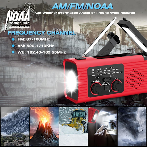 AM/FM/NOAA Soldriven Vevradio 2000mAh med Belysning och SOS-larm (röd)