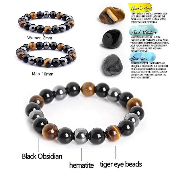 Hematit Svart Obsidian Tigeröga Stenarmband För Män Kvinnor 8Mm För Skydd, Lycka