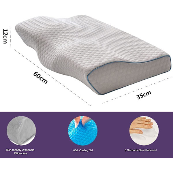 Gel Nackkudde Memory Foam, 60×35cm (Grå) Gray