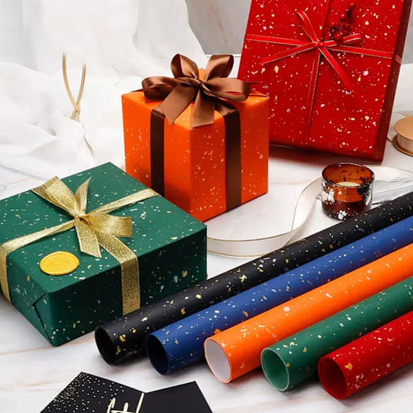 Presentpapper Rulle - Orange Guld Design, 43 cm X 10 m
