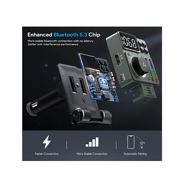 Bluetooth 5.3 FM-lähetin autoon, Bluetooth-autoadapteri handsfree-puheluille, tukee pikalatausta,
