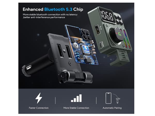 Bluetooth 5.3 FM-sender til bil, Bluetooth biladapter til håndfri opkald, understøtter hurtig opladning,