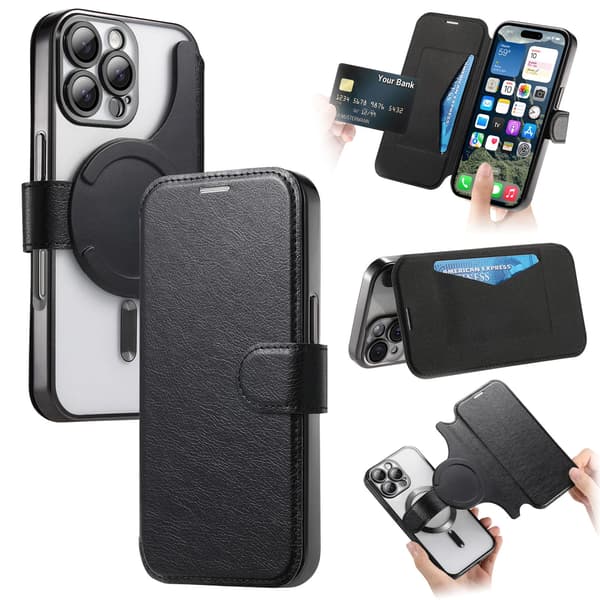 Etui til iPhone 16 Pro Max, med Magsafe avtakbar magnetisk flip (svart)
