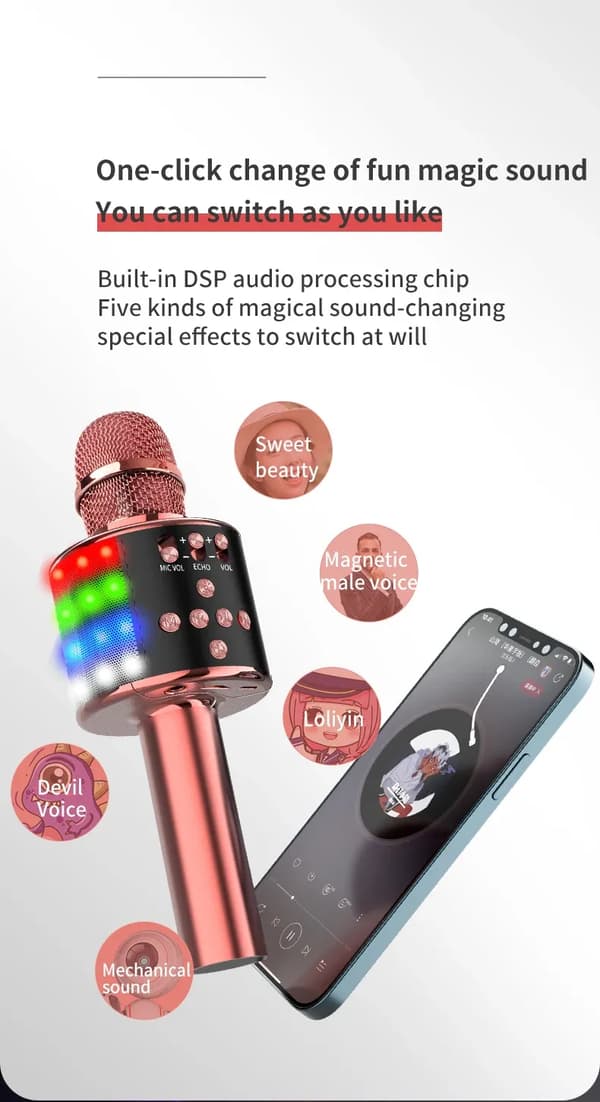 Trådløs Bluetooth Karaoke-mikrofon med 5 magiske stemmeskifter-effekter Gold