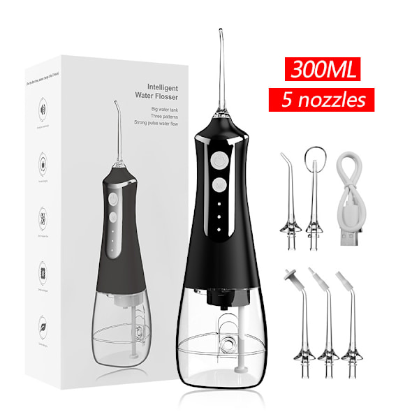 Oral Irrigator - 300 ml, 3 lägen, 5 utbytesmunstycken, USB-uppladdningsbar (Svart)