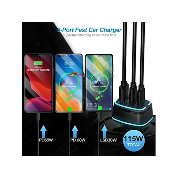 USB-C Billaddare med 3 Portar, QC3.0, PD4.0 och PPS, Telefonadapter - .