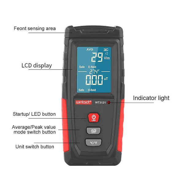 Smart digital elektromagnetiska fält strålningsdetektormätare, laddningsbar, handhållen bärbar med temperatur, LCD-bakgrundsbelysning
