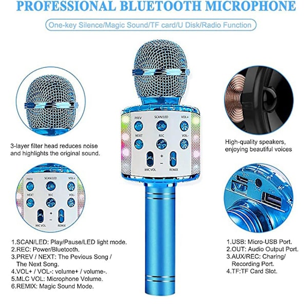 4 i 1 Bluetooth Karaoke Mikrofon Bärbar Högtalare Handhållen Hem Ktv-spelare med inspelningsfunktion &amp; Led ljus för barnleksaker Pink