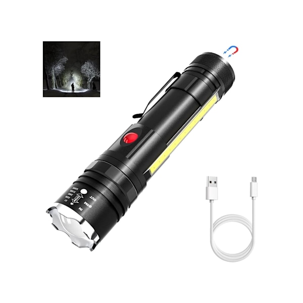 Magnetisk LED-ficklampa, 4 lägen, Superljus, Vattentät, Zoombar, Clip-On, Idealisk för vandring - .
